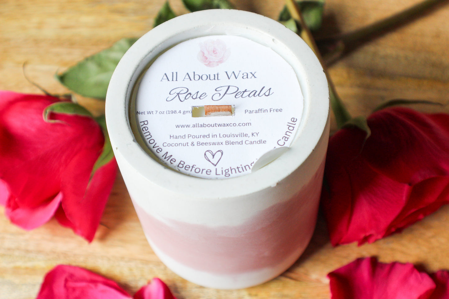 Rose Petals, Wooden Wick Concrete Vessel Candle, 7 Ounces