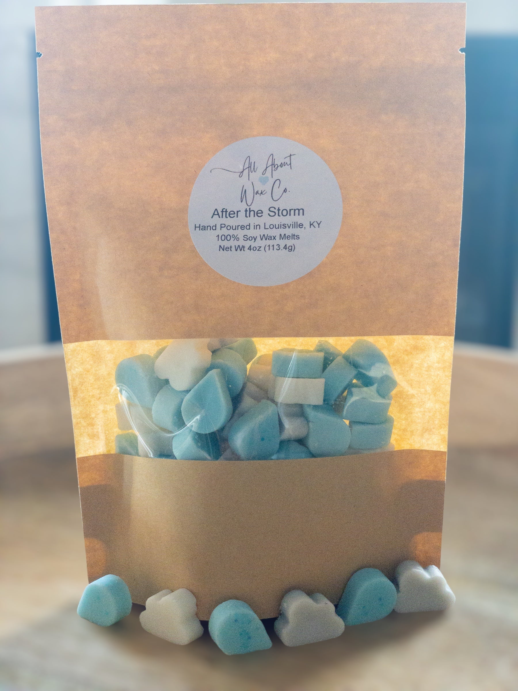 After the Storm Wax Melts, cloud and raindrop shaped, blue, white, and gray