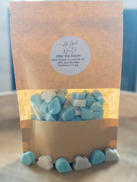 After the Storm Wax Melts, cloud and raindrop shaped, blue, white, and gray