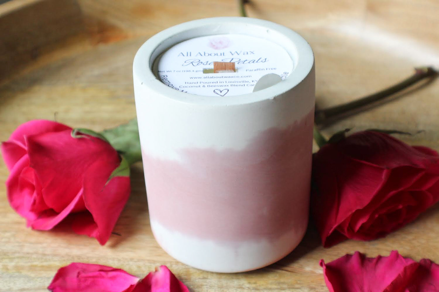 Rose Petals, Wooden Wick Concrete Vessel Candle, 7 Ounces