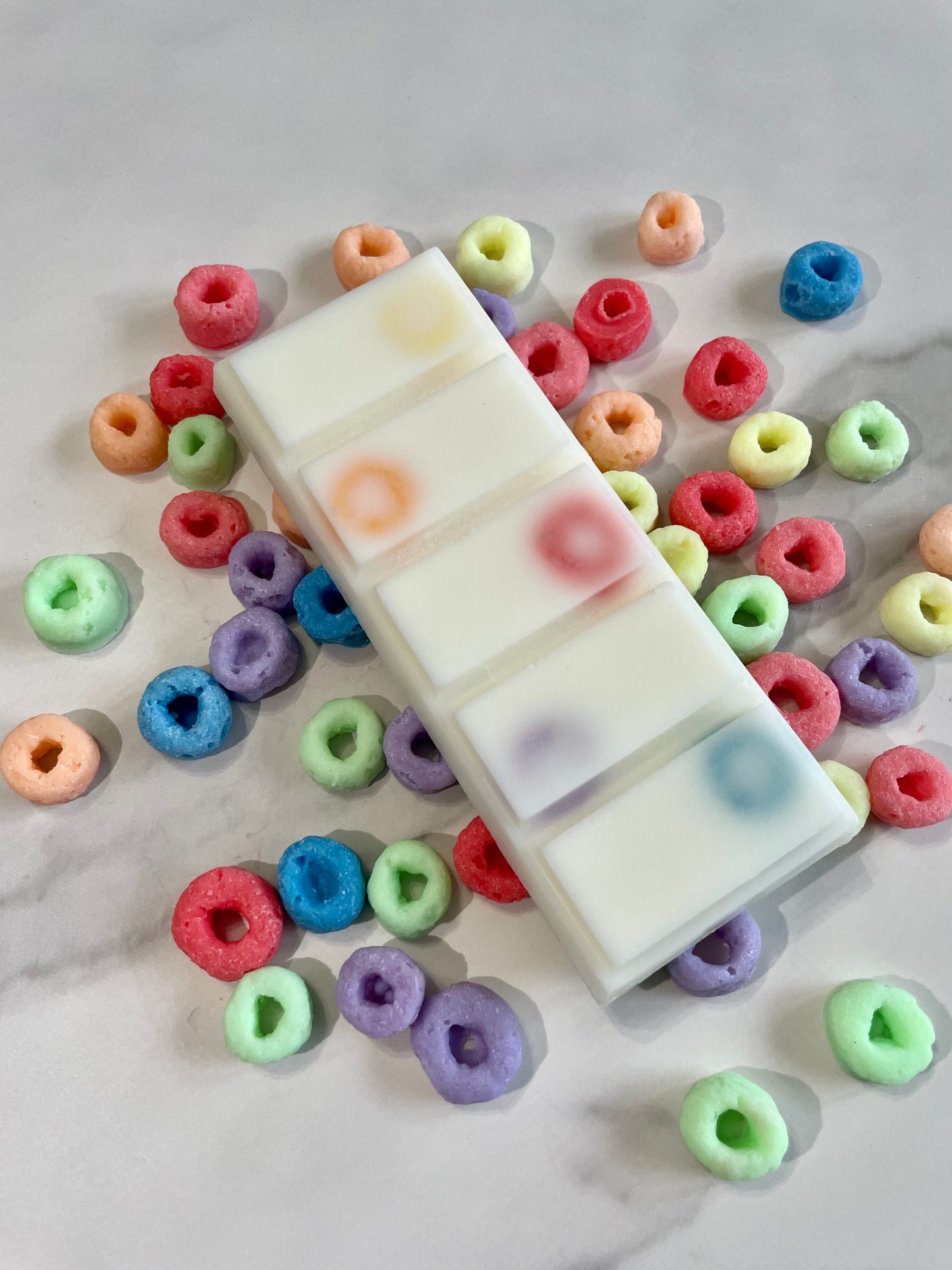 Bowl of Cereal Concrete Candle, wooden wick, white and pink, Fruit loops, wax melt snap bar, side