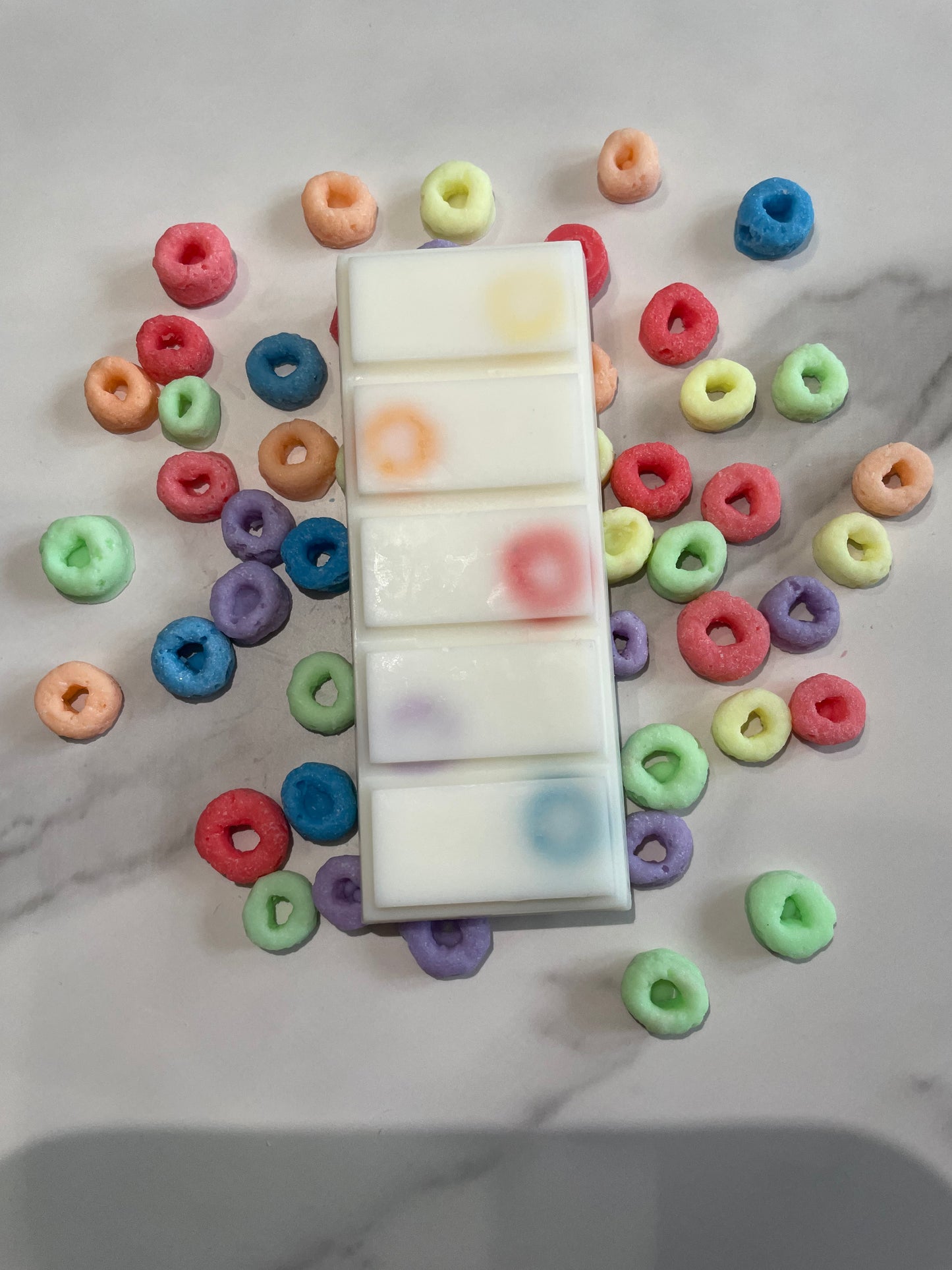 Bowl of Cereal Concrete Candle, wooden wick, white and pink, Fruit loops, wax melt snap bar, head on