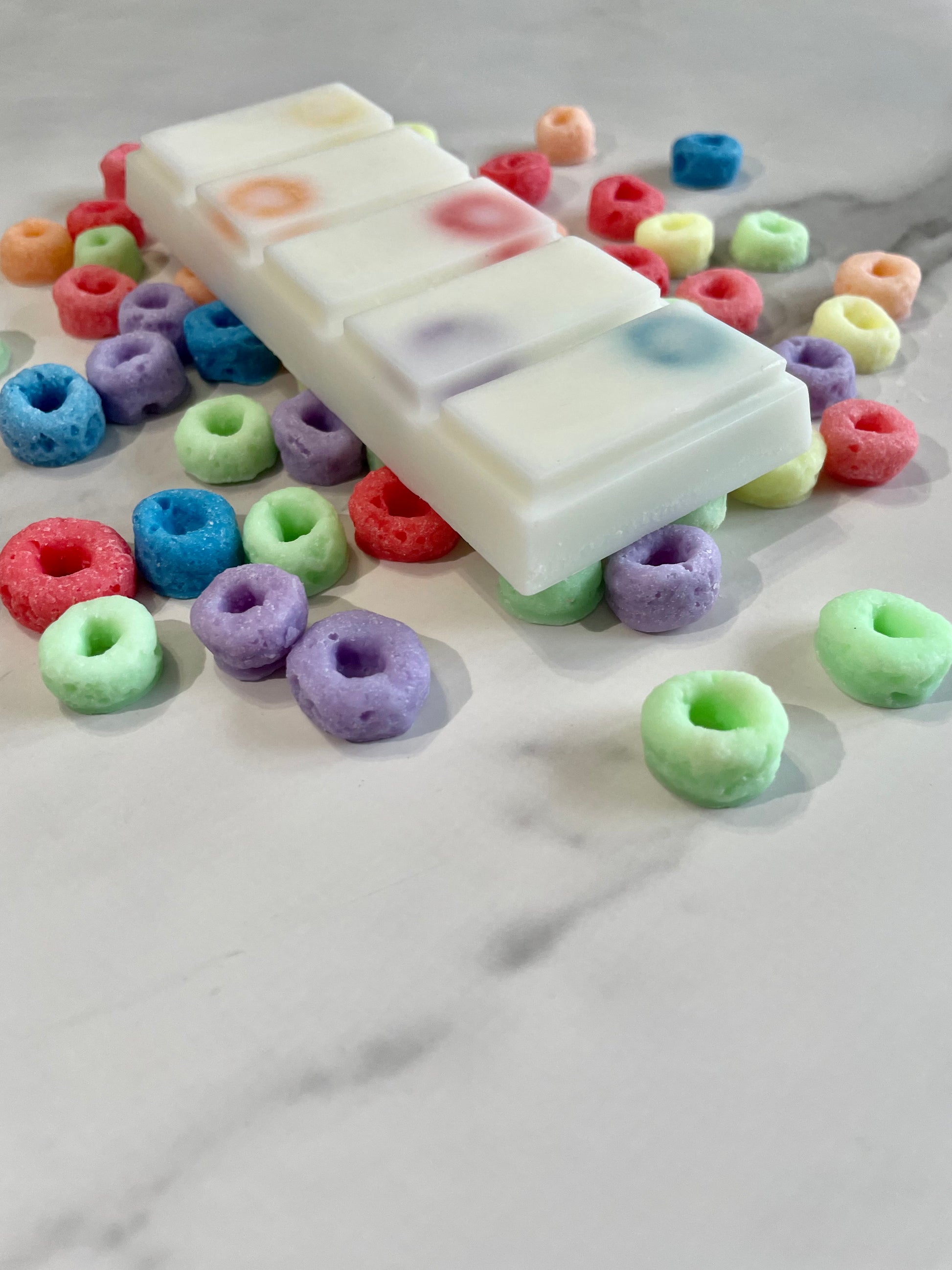 Bowl of Cereal Concrete Candle, wooden wick, white and pink, Fruit loops, wax melt snap bar, back